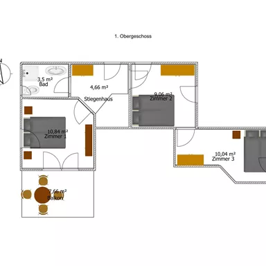 Ein Grundriss eines Hauses mit mehreren Zimmern, inklusive Wohnzimmer, Küche und Schlafzimmer. Die Maße der einzelnen Räume sind angegeben.