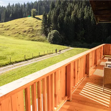 A balcony with a wooden railing and comfortable chairs. In the background, a green meadow and a forest stretch out.
