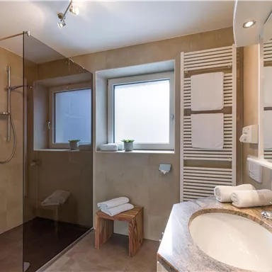 Ein modernes Badezimmer mit einer gläsernen Dusche und einem großen Waschbecken. Frische Handtücher und Pflanzen verleihen dem Raum eine einladende Atmosphäre.