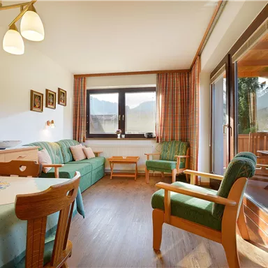 Ein gemütliches Wohnzimmer mit einer grünen Couch und Holzstühlen. Große Fenster bieten einen Blick auf die Berglandschaft.