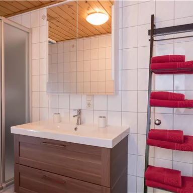 A modern bathroom with a shower, a sink, and a large mirror. Red towels are neatly stacked on a black shelf.