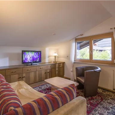 Ein gemütliches Wohnzimmer mit einem Sofa, einem Tisch und einem Fernseher. Große Fenster lassen viel Tageslicht herein.