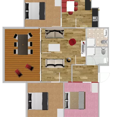A modern living space design with several rooms. The floor plan features an open living and dining area, as well as two bedrooms.
