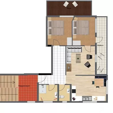 A floor plan drawing of an apartment with two bedrooms, a bathroom, and an open living area. The balcony is also indicated.