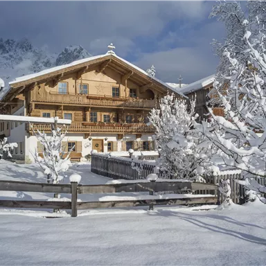 Ein gemütliches Holzhaus im Schnee, umgeben von schneebedeckten Bäumen. Der Himmel ist klar und die Landschaft wirkt friedlich.