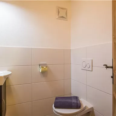 Ein kleines, modernes Badezimmer mit Toilette und Waschbecken. An der Wand hängt ein Handtuch, und die Einrichtung ist hell und sauber.