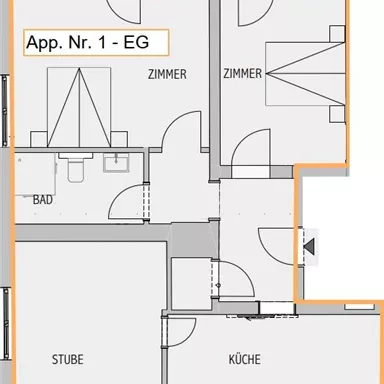Eine Wohnungsgrundrisszeichnung mit verschiedenen Räumen wie Zimmer, Küche und Bad. Die Appartmentnummer ist 1 und es handelt sich um das Erdgeschoss.