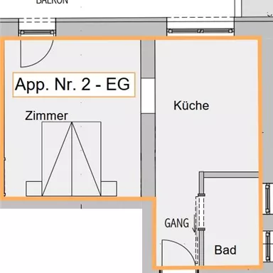Eine Grundrisszeichnung einer Wohnung im Erdgeschoss. Die Räume sind beschriftet und zeigen ein Zimmer, eine Küche, ein Bad und einen Gang.