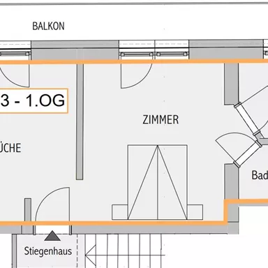 Eine Grundrissskizze der Wohnung Nr. 3 im ersten Obergeschoss. Die Zeichnung zeigt die Anordnung von Küche, Zimmern und Bad.