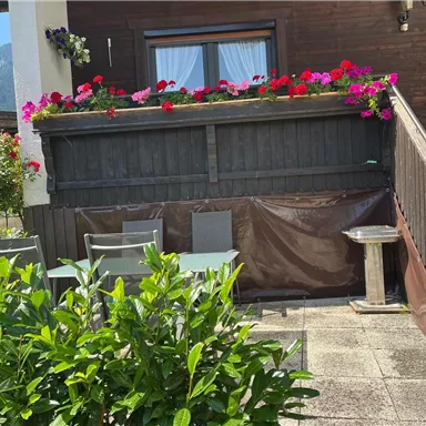 A cozy terrace with a green hedge and a table with chairs. Colorful flowers adorn the balcony above.