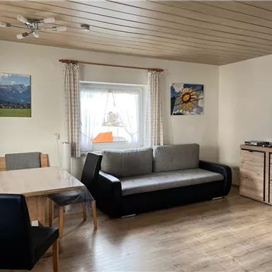 A cozy living space with a gray sofa, a dining table, and a television. Pictures of landscapes and sunflowers hang on the walls.