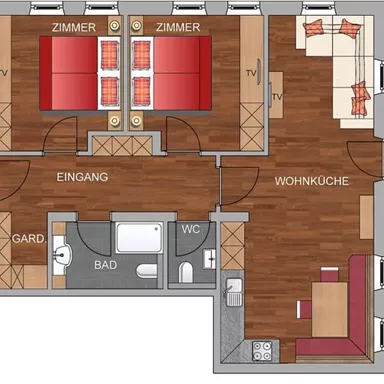 Eine einfache Wohnungsgrundriss mit zwei Zimmern, einem Wohnküchenbereich und einem Balkon. Der Eingangsbereich ist zentral gelegen, und das Badezimmer sowie die Garderobe sind vorhanden.