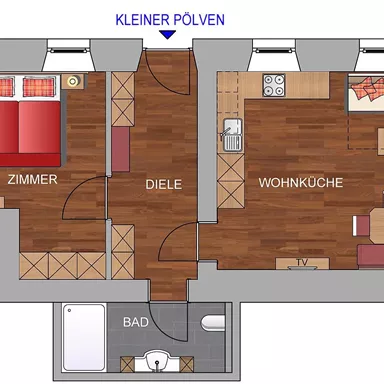 Eine übersichtliche Grundrissdarstellung einer Wohnung mit einem Schlafzimmer, einem Badezimmer und einem offenen Wohn- und Küchenbereich. Die Möbel sind skizzenhaft eingezeichnet, mit einem modernen Layout und warmen Farben.