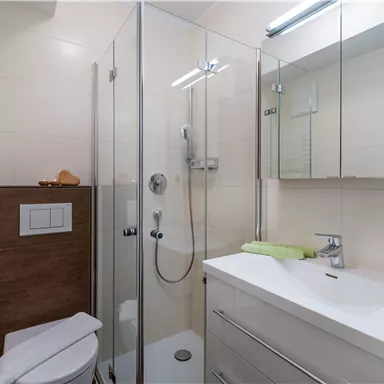 A modern bathroom with a shower, a sink, and a mirror. The walls are light, and the furnishings are stylish and functional.