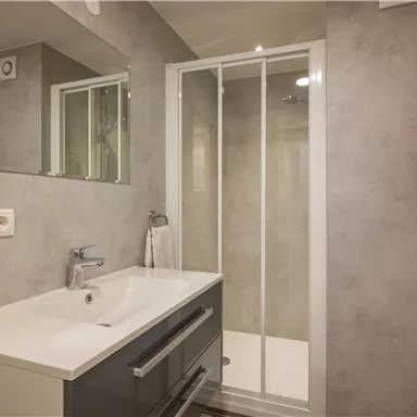 A modern bathroom with a sink and a mirror. There is a shower cabin and towels hanging on the wall.