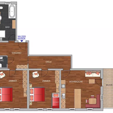 Ein Grundriss einer Wohnung mit mehreren Zimmern. Es gibt ein Bad, eine Wohnküche und einen Balkon.