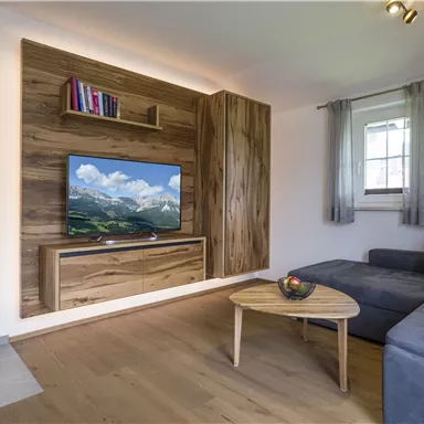 Ein gemütliches Wohnzimmer mit einem Fernseher und einer Holzverkleidung. Neben dem Sofa gibt es einen Kamin und eine kleine Kaffeetisch.