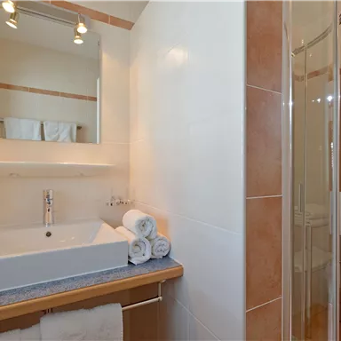 A modern bathroom with a sink and towels. In the background, there is a shower and a wooden paneling.