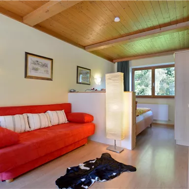 Ein gemütliches Zimmer mit einem roten Sofa und einem Holzdecke. Ein Fenster bietet Blick auf einen grünen Außenbereich.