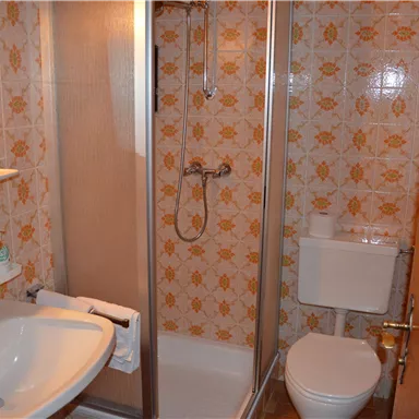 Ein kleines Badezimmer mit einer Dusche, einem Waschbecken und einer Toilette. Die Wände sind mit einem blumigen Muster dekoriert.