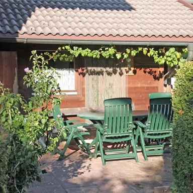 A cozy outdoor area with green chairs and a table. Surrounded by plants and a wooden house in the background.