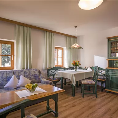 A cozy living space with a blue couch, a dining table, and a green cupboard. Large windows let in plenty of daylight.