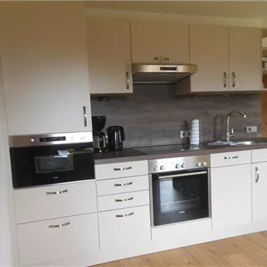 Eine moderne Küche mit hellen Schränken und einer Edelstahl-Spüle. Die Ausstattung umfasst einen Ofen, eine Mikrowelle und Kaffeeautomaten.