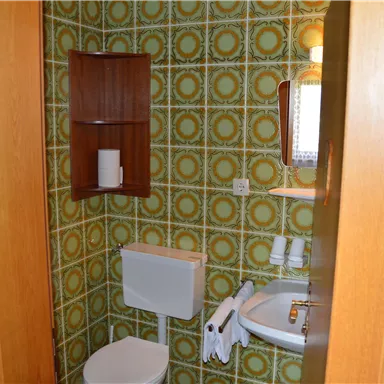 Ein kleines Badezimmer mit einem Toilettenbereich und einem Waschbecken. Die Wände sind mit einem auffälligen, grünen Muster dekoriert.