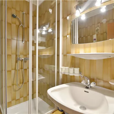 A small bathroom with shower and sink. The walls are adorned with light tiles and a decorative pattern.