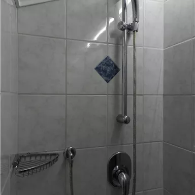 Eine moderne Dusche mit silberner Brause und weißen Fliesen. Im Hintergrund ist ein dekoratives, blaues Fliesenmuster sichtbar.