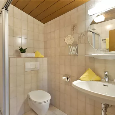 A modern bathroom with a shower, sink, and mirror. The walls are light tiled, and there are decorative towels and plants.