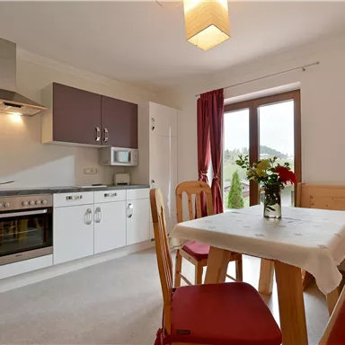 A modern kitchen with a dining area and red upholstery on the chairs. On the table, there is a small vase with fresh flowers.