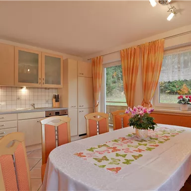 Eine helle Küche mit einem großen Esstisch und bunten Stühlen. Durch die Fenster fällt viel Tageslicht und es gibt eine blühende Pflanze auf dem Tisch.