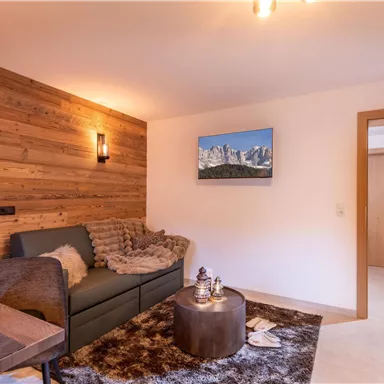 A cozy living room with wooden paneling and a modern sofa. On the table are glasses and a decorative element, while a picture of mountains hangs on the wall.