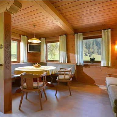 Ein gemütlicher Wohnraum mit Holzverkleidung und großen Fenstern. Der Raum verfügt über einen Esstisch, Stühle und ein Sofa.