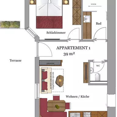 A floor plan sketch of an apartment with 39 m². It shows a bedroom, a bathroom, and a living area with a kitchen.