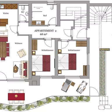 A floor plan of an apartment with two bedrooms, a living room, a kitchen, and a bathroom. The plan also shows an outdoor area with a terrace and a garden.