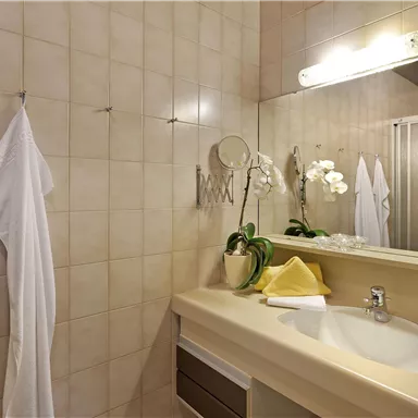 A modern bathroom with a bright tiled floor and a sink. Towels and a plant add a welcoming atmosphere to the space.