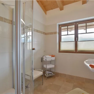 Ein modernes Badezimmer mit einer Dusche und einem Waschbecken. Große Fenster sorgen für viel Tageslicht und eine helle Atmosphäre.