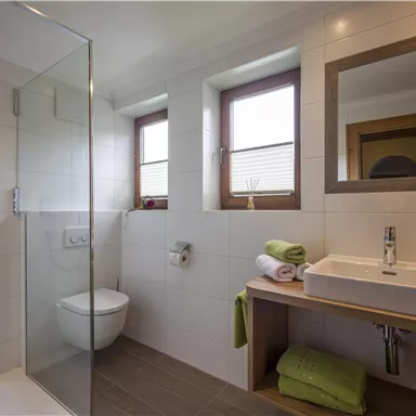 Ein modernes Badezimmer mit einer begehbaren Dusche und großen Fenstern. Der Waschbereich ist mit Handtüchern und einer grünen Decke dekoriert.