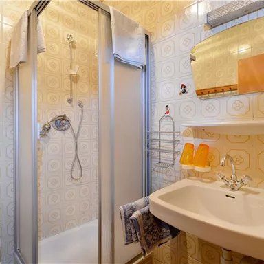 A bathroom with a shower cabin and a sink. The walls are decorated with vintage tiles.