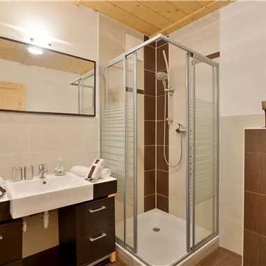 Ein modernes Badezimmer mit einer Dusche und einem Waschbecken. Die Wände sind in hellen und dunklen Farbtönen gestaltet, und es gibt einige dekorative Elemente.