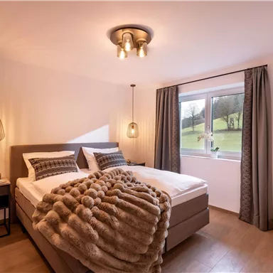 A modern bedroom with two beds and a cozy blanket. Through the window, one looks out onto a green landscape.