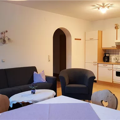 Eine gemütliche Wohnung mit einem Wohnzimmer und einer offenen Küche. Die Einrichtung ist modern und einladend, ideal für einen entspannenden Aufenthalt.