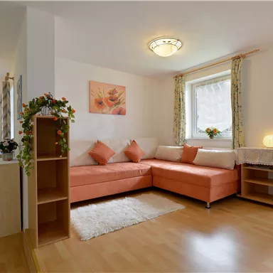 A cozy living space with a bright couch and a large window. The walls are in neutral colors and there are plants for decoration.