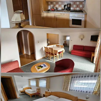 A cozy apartment with a fully equipped kitchen and a dining area. The living area is bright and friendly with a sleeping area in the back.