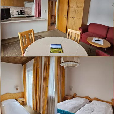 A cozy holiday apartment with an open kitchenette and a dining area. In the lower area, there are two bedrooms with white beds and bright light.