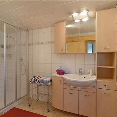 Ein modernes Badezimmer mit einer Dusche und einem Waschbecken. Der Raum ist hell und schlicht, mit einem roten Teppich und Handtüchern.