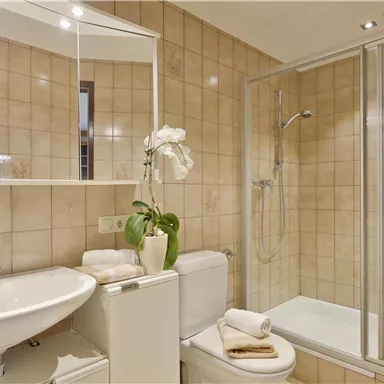 A modern bathroom with a shower and a sink. The walls are decorated with light tiles, and there is a plant as well as towels for comfort.