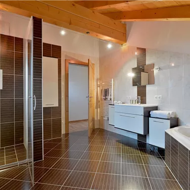 Ein modernes Badezimmer mit einer eleganten Dusche und einer Badewanne. Die Wände sind hell gefliest und die großen Fenster sorgen für viel Licht.